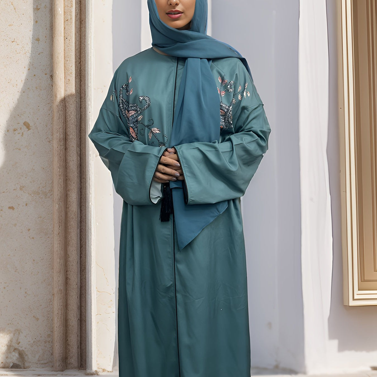 Floral Embroidery Plus Size Casual Jalabiya Dress