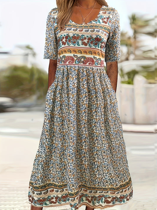 Boho Floral Print Ruched Dress with Pockets