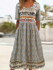  Boho Floral Print Ruched Dress with Pockets
