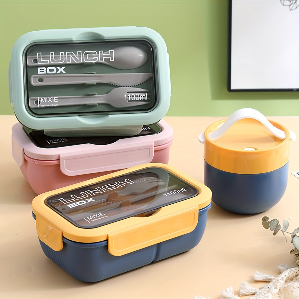 3-grid Insulated Lunch Box w/ Tableware - Leakproof Food Container for Office