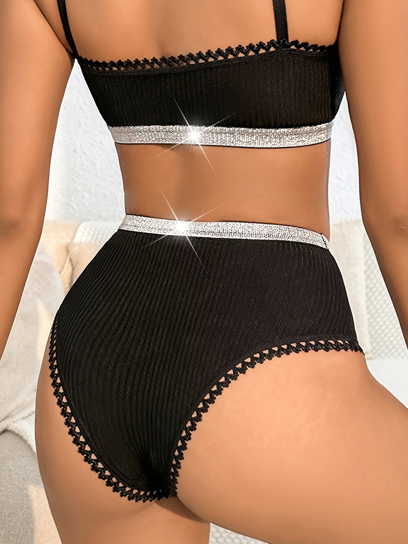 Colorblock Trim Bra & Panties Set Full Coverage Lingerie Women's Underwear