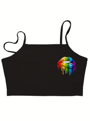 Rainbow Lips Print Cami Sleep Tops Sexy Crew Neck Sleeveless Top