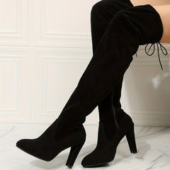 Women's Block Heel Over-The-Knee Boots Lace-Up Pointed Toe Solid