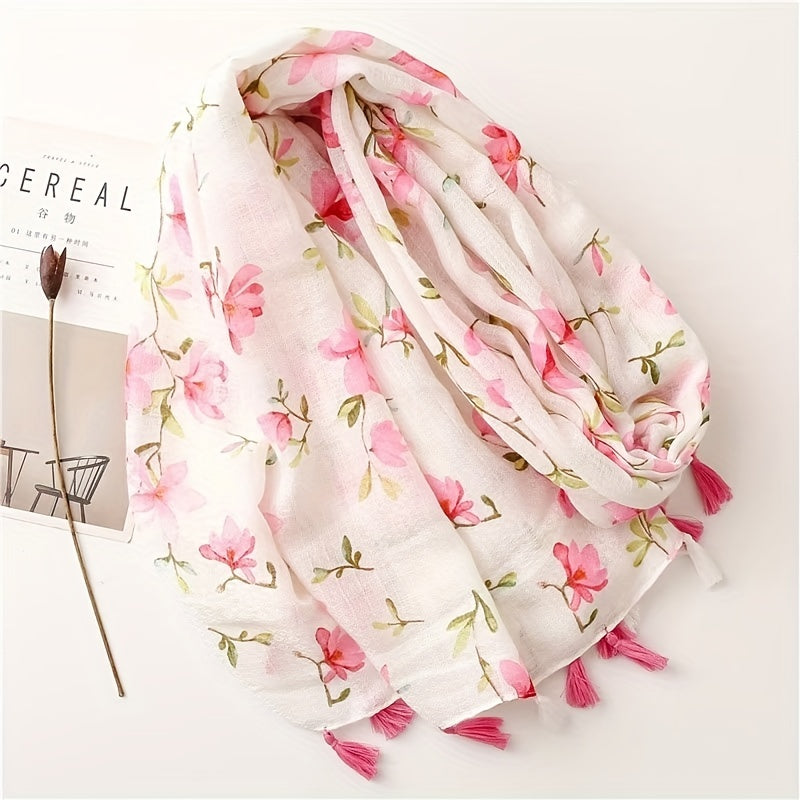 Pink Flower Print Scarf Gauze Tassel Shawl Casual Windproof Head Wrap
