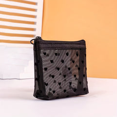 Heart Zipper Mesh Cosmetic Bag Portable Toiletry Bag For Women Girls