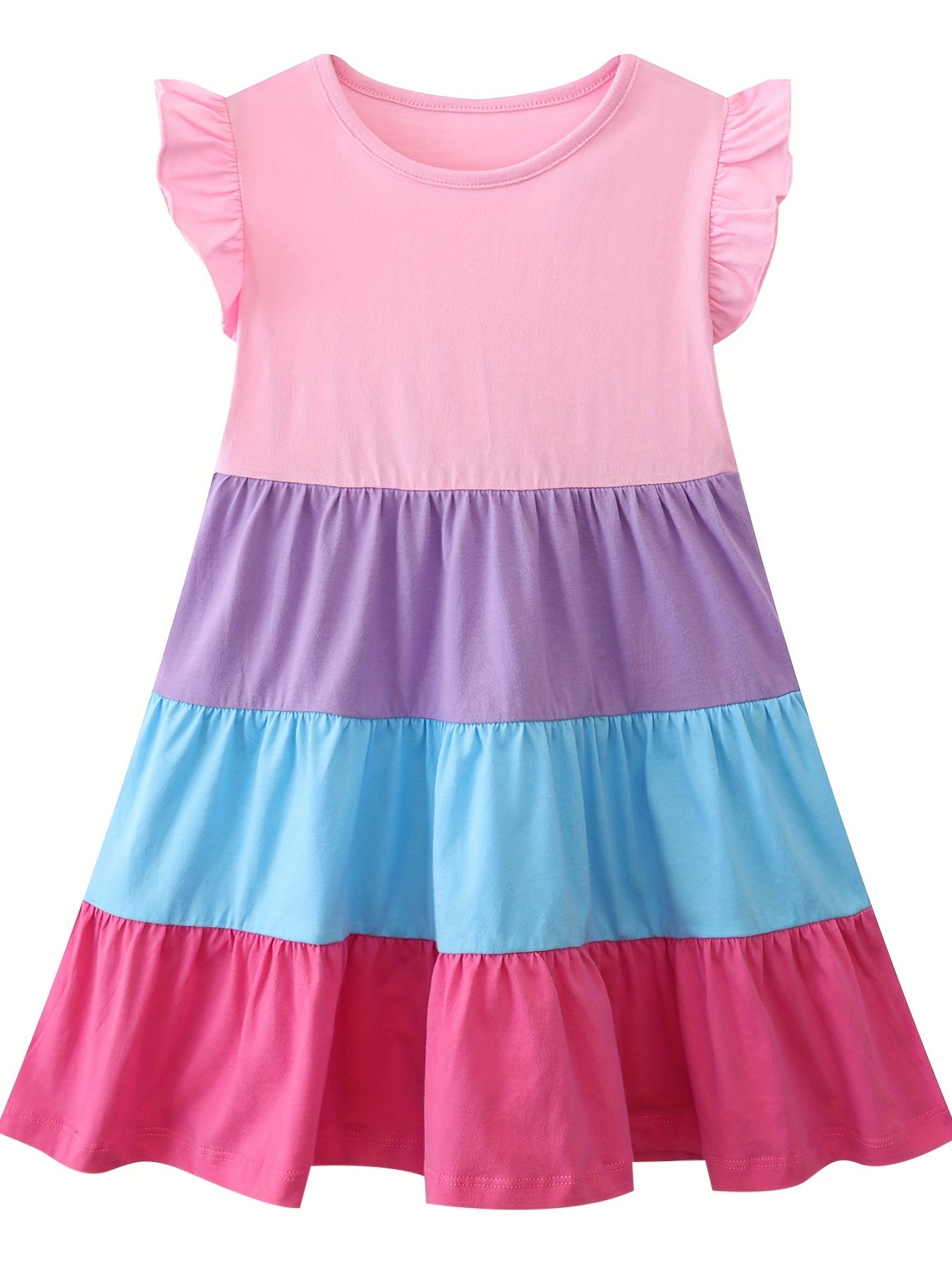 Girls Ruffled Sleeves Crew Neck Block Cotton Loose Dress