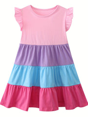 Girls Ruffled Sleeves Crew Neck Block Cotton Loose Dress