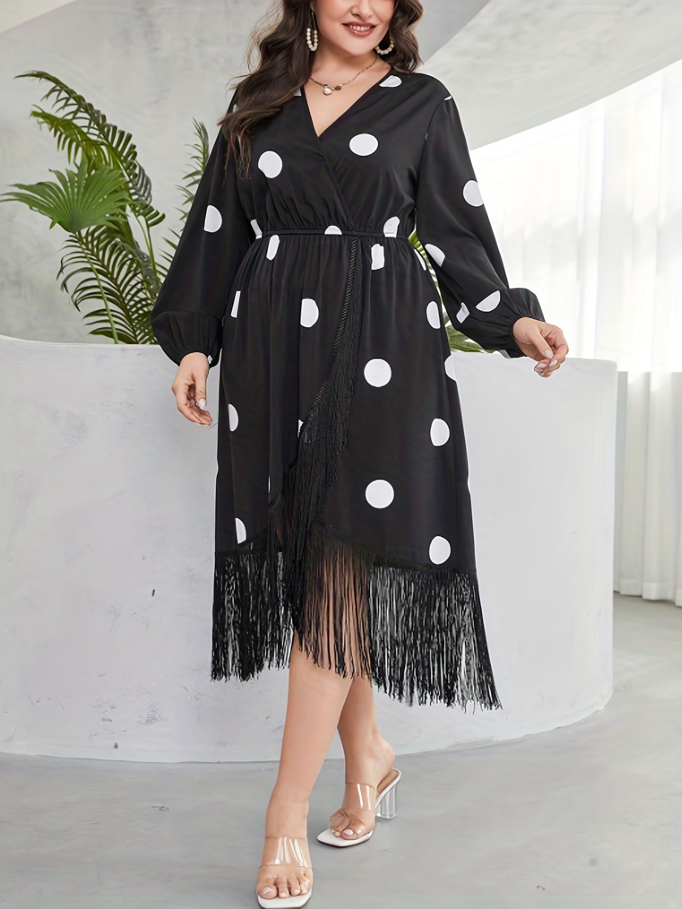  Dot Print Long Sleeve Wrap Dress