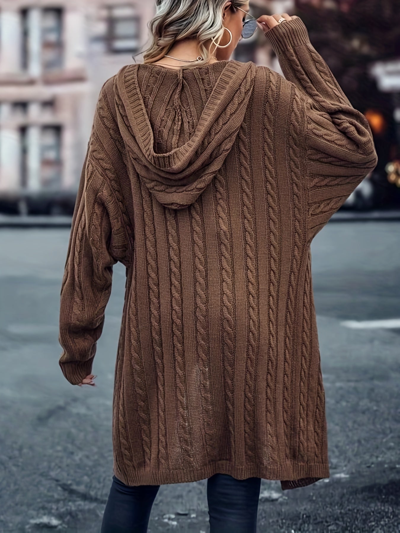  Cable Knit Open Front Hooded Sweater Cardigan