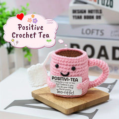 Crocheted Tea Cup Doll Decor with Positive Energy Font DIY Accessory Gift