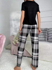 Heart Print Pajama Set & Plaid Pants Women's Sleepwear