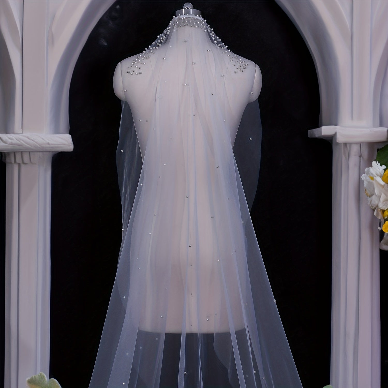 Bride Veil With Hair Comb Wedding Dress Artificial Pearl Trailing Veil