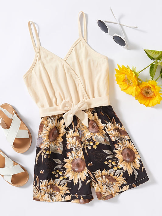 Girls Floral Print Sunflower Dress Sleeveless Casual Suspenders