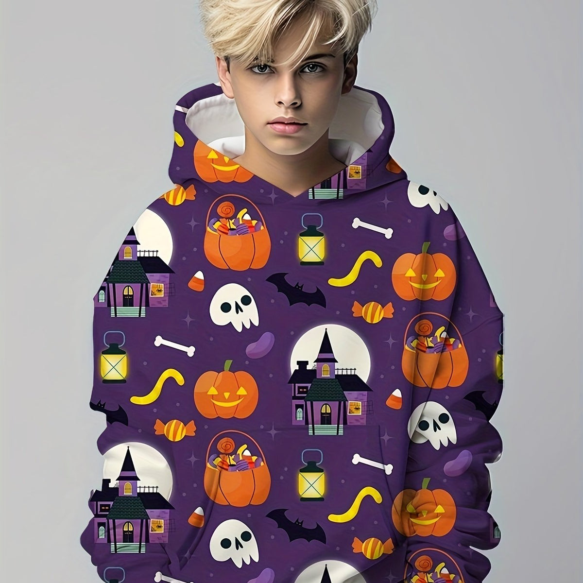 Skull & Pumpkin Print Kid's Hoodie Halloween Elements Unisex Pullover
