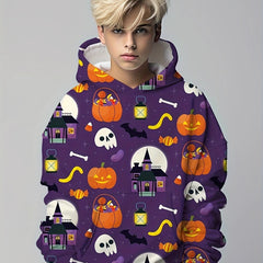 Skull & Pumpkin Print Kid's Hoodie Halloween Elements Unisex Pullover