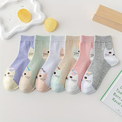 6 Cat Print Socks for Women Comfy Mid Tube Stockings