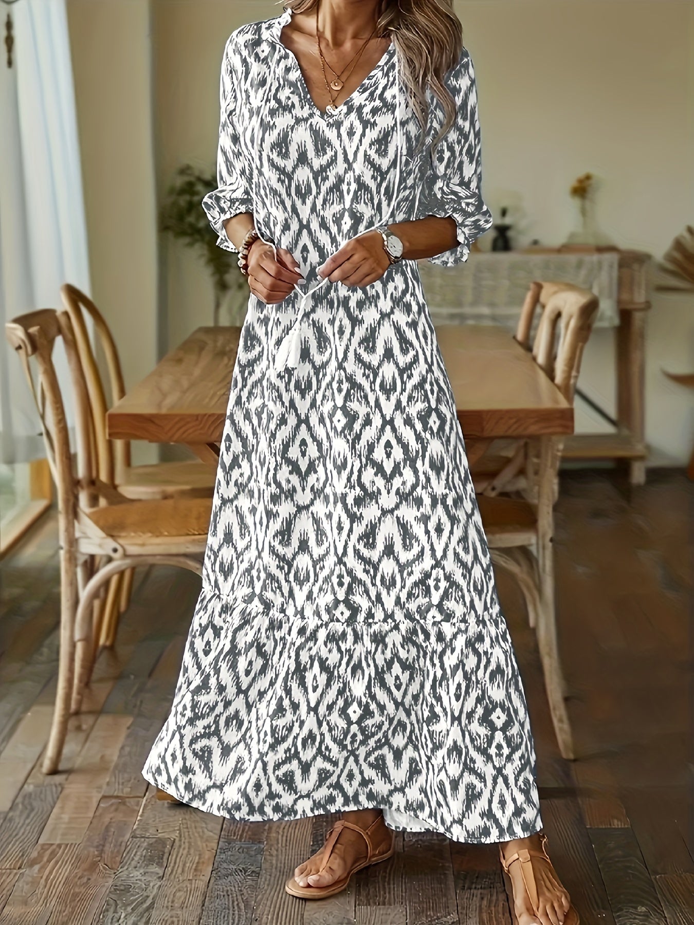 Boho Tassel V Neck Dress Half Sleeve Women's Clothing