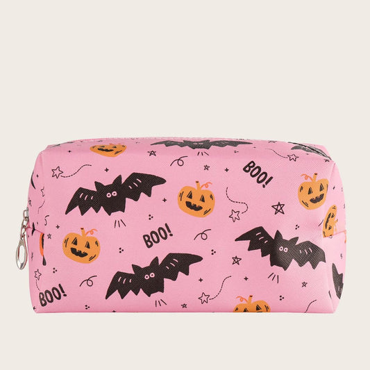 Halloween Pumpkin & Bat Print Makeup Bag Roomy Zipper Pouch