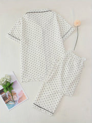 Polka Dot Print Pajama Set Short Sleeve Buttons Top & Elastic Waistband Pants