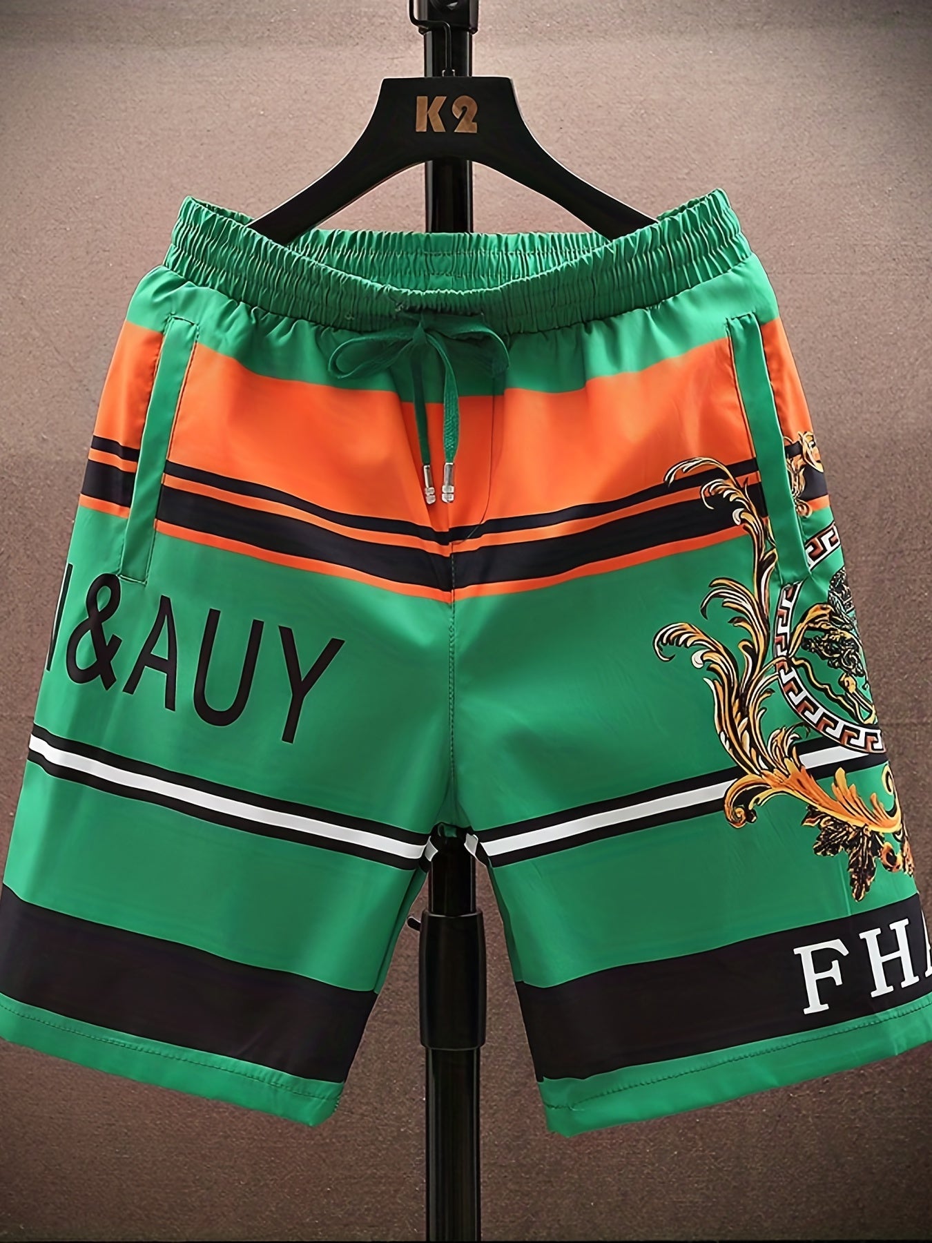 Graphic Pattern Letter Print Striped Quick Drying Beach Shorts Men's Casual