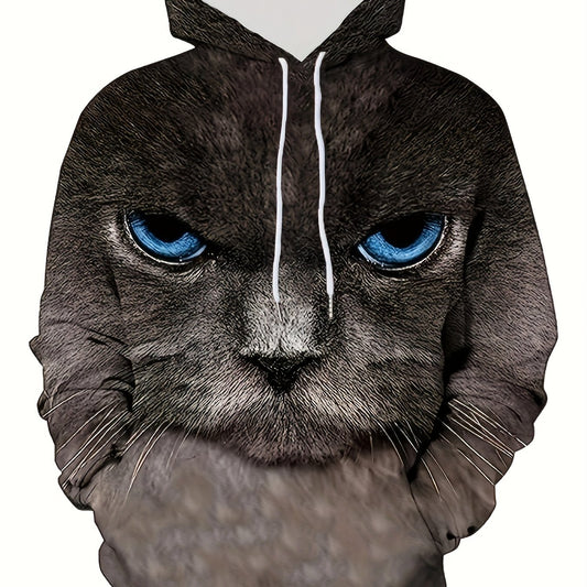 3D Digital Cat Print Hoodies For Men Graphic Sweatshirt With Kangaroo Pocket