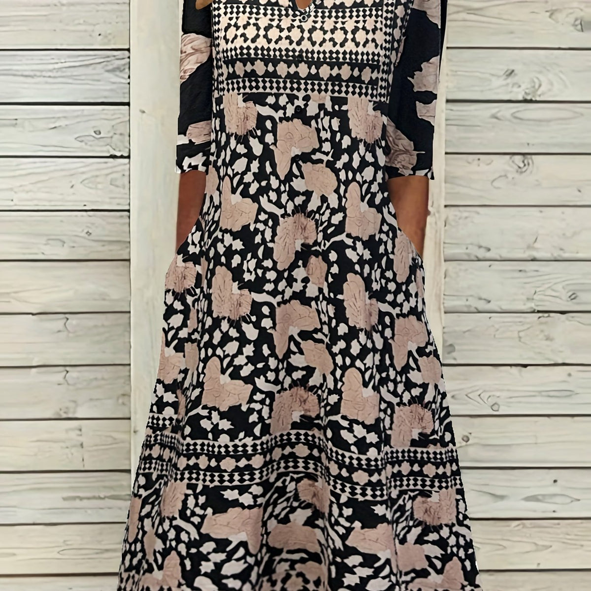  Floral Print Short Sleeve Midi Dress With Pockets