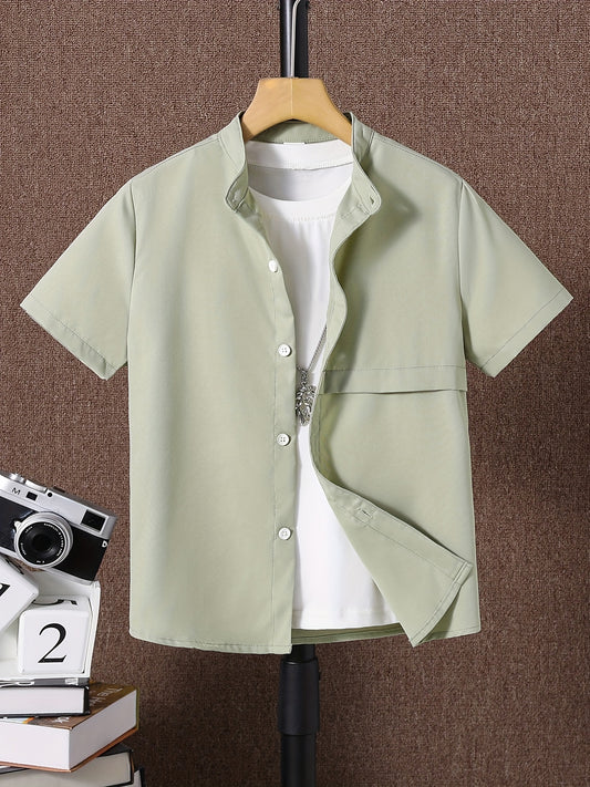 Solid Short Sleeve Button Up Shirt for Big Boys