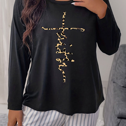 Leopard Cross Letter Graphic Plus Size Long Sleeve T-shirt