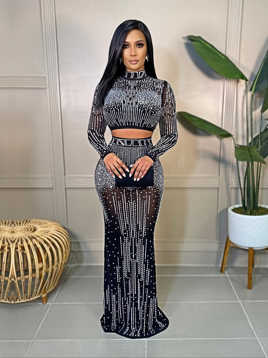 Party Rhinestone 2pc Set Bodycon Crop Top & High Waist Skirt