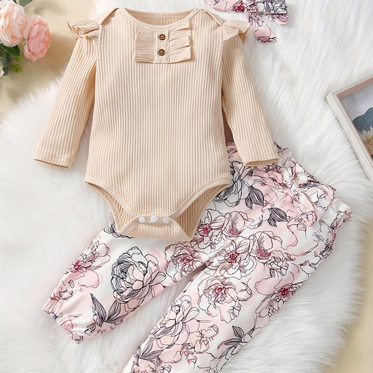Baby Girls Cotton Outfit Flying Sleeve Romper & Flower Print Trousers Set