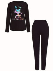  Slogan & Cat Print 2 Piece Set