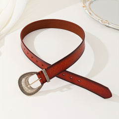 Brown Leaf Embossed Belt Oversized Buckle Adjustable