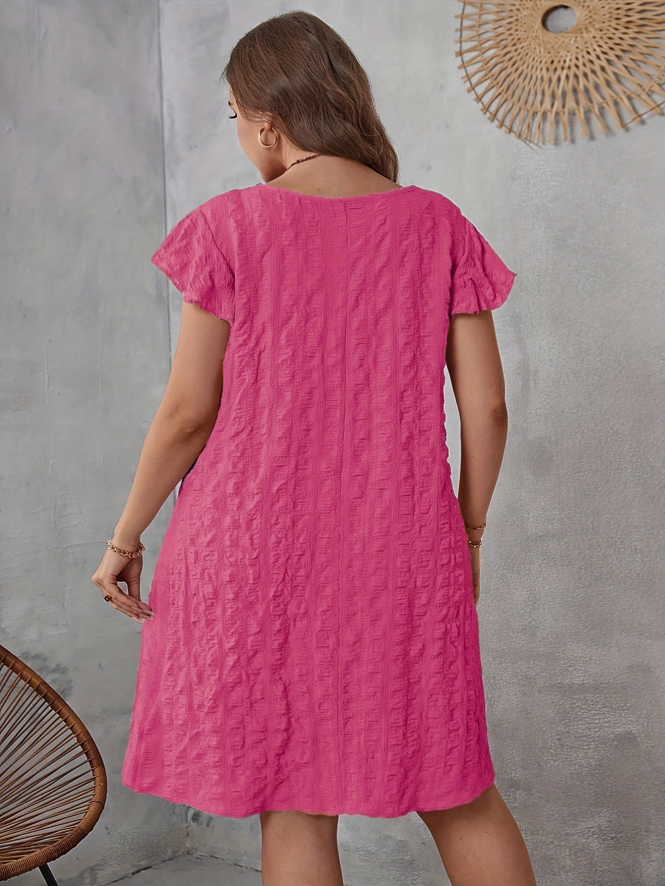 Casual Dress Women's Plus Solid Crinkle Cap Sleeve V Neck Dress