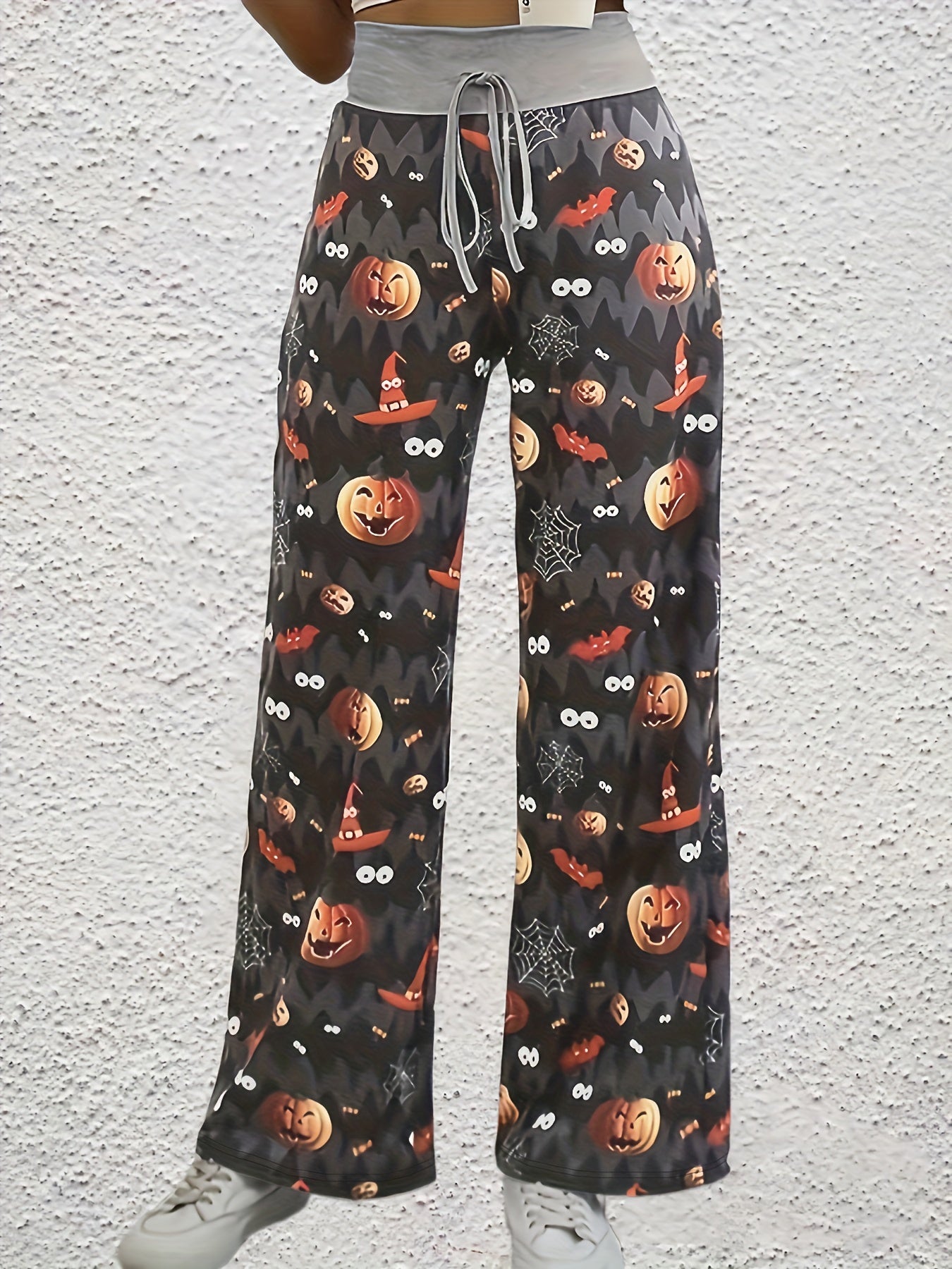  Halloween Pumpkin Print Wide Leg Trousers