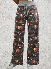  Halloween Pumpkin Print Wide Leg Trousers