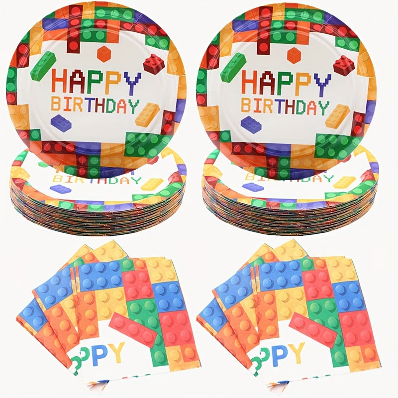 Colorful Block Party Tableware Set - 20pcs Plates & Napkins for Colorful Theme