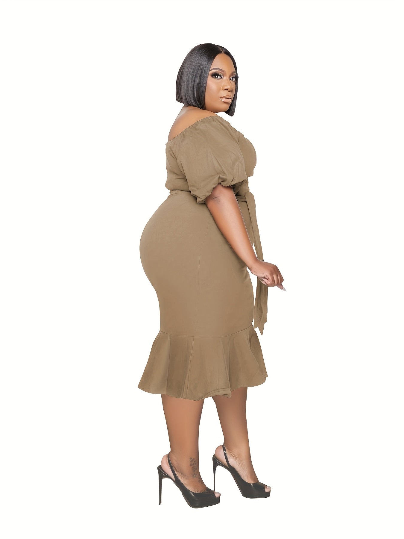  Solid Off Shoulder Bubble Sleeve Dress