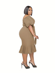  Solid Off Shoulder Bubble Sleeve Dress