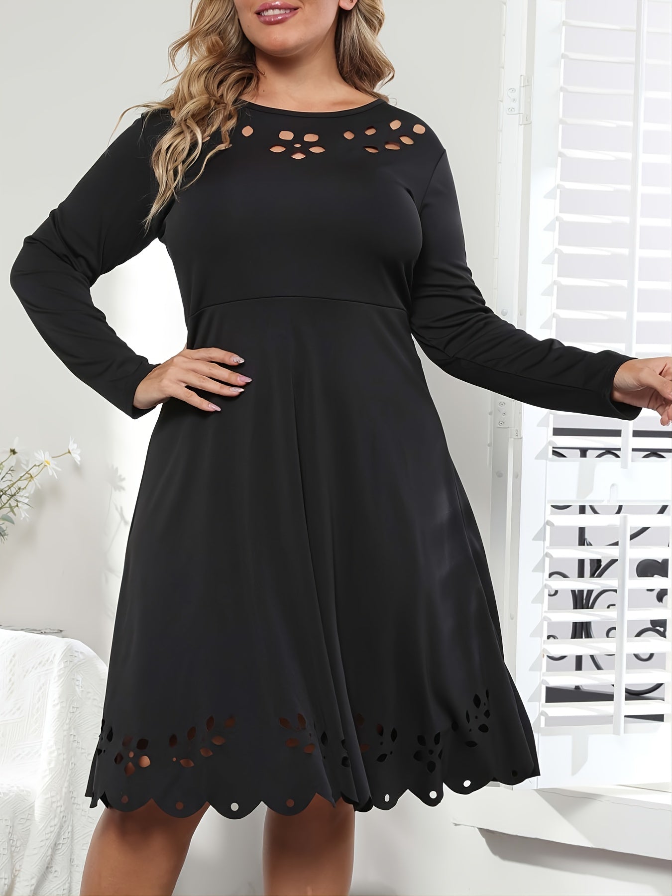 Solid Hollow Out A Line Midi Dress Women's Plus