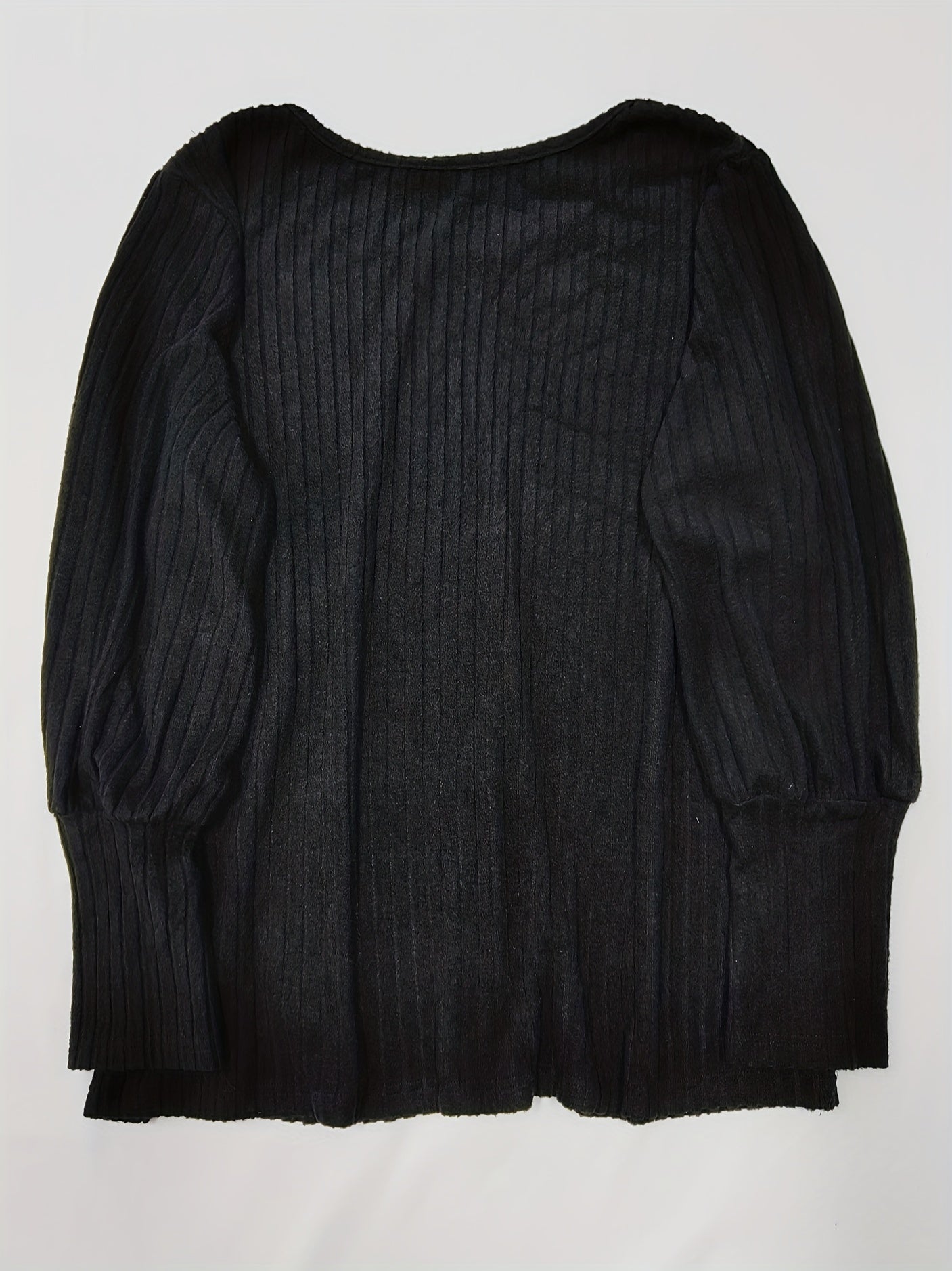  Solid Ribbed Knit Lantern Sleeve Pullover Jumper