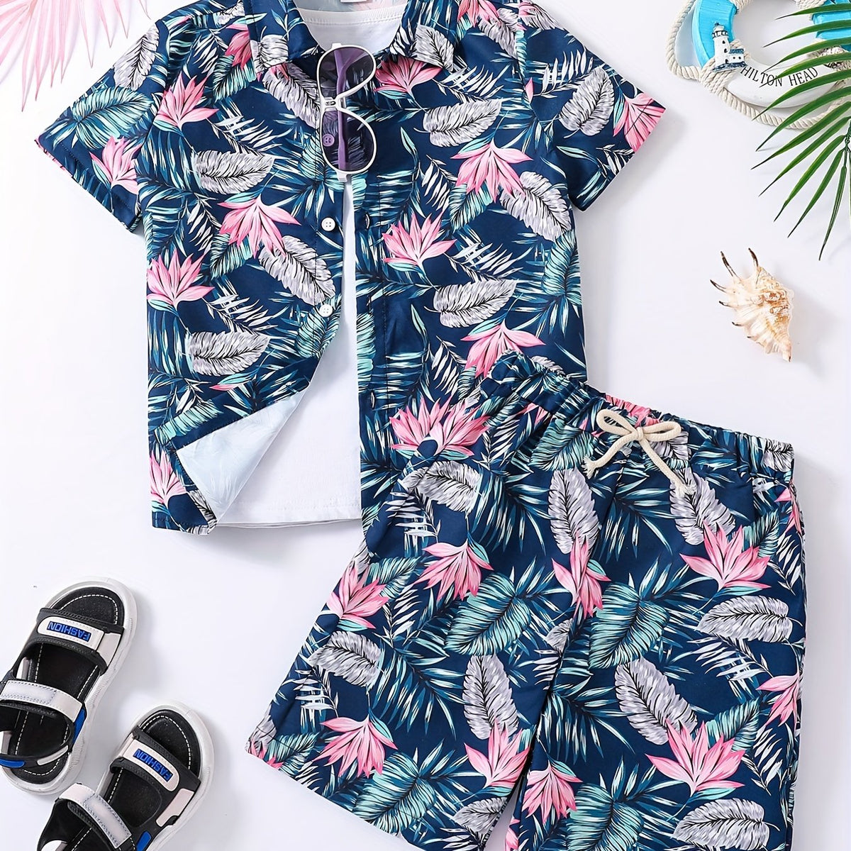 Boys Hawaiian Shirt & Shorts Set Tropical Plant Print Vacation Beach Wear