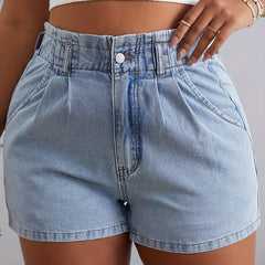  Solid Button Fly High Rise Denim Shorts