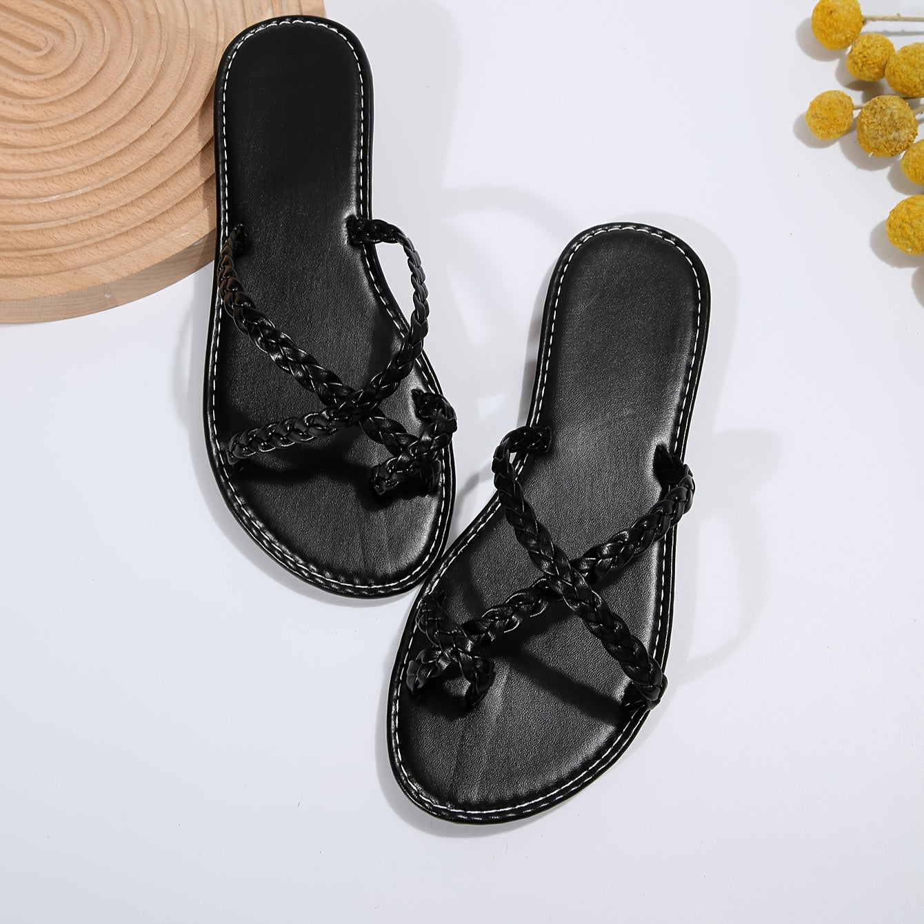 Women's Braided Flat Slide Sandals, Toe Loop Slip On Casual Beach Shoes