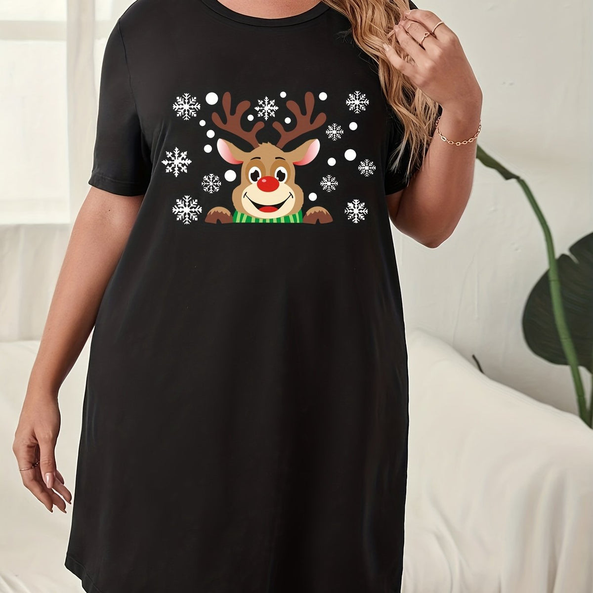  Christmas Lounge Dress Women's Snowflake Deer Print Nightdress
