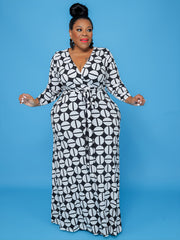  All Over Print V Neck Belted Wrap Maxi Dress Women's Plus