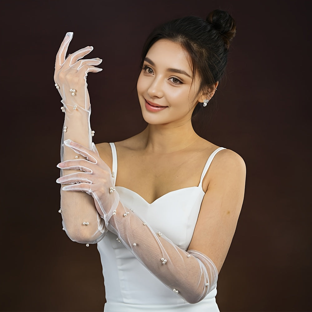 Classic Beaded Bridal Gloves with Arm Coverage