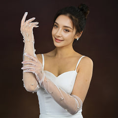 Classic Beaded Bridal Gloves with Arm Coverage