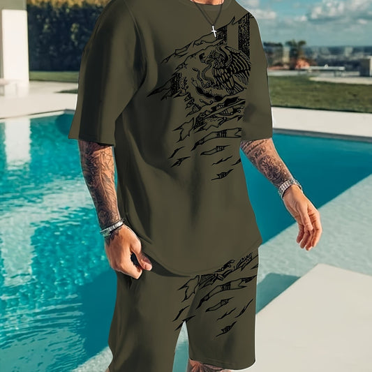 Eagle Pattern Mens 2 Piece Outfits Short Sleeve T-shirt And Shorts Set
