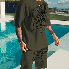 Eagle Pattern Mens 2 Piece Outfits Short Sleeve T-shirt And Shorts Set