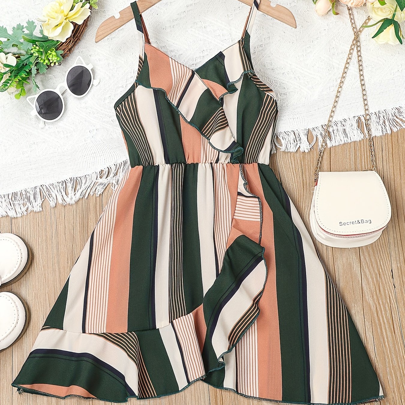 Toddler Girls Stripes Ruffle Trim Cami Dress For Party Beach Vacation